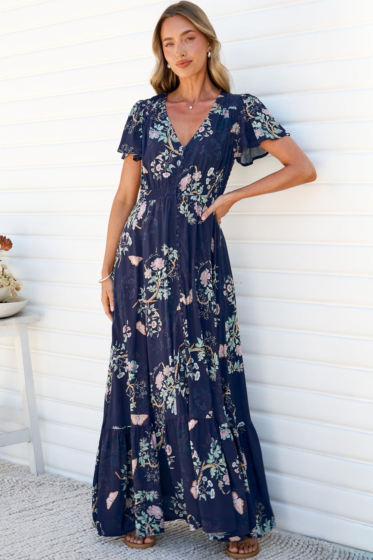 Kali Maxi Dress - Button-front Dress with Flutter Sleeves and Front Split in Colette Print