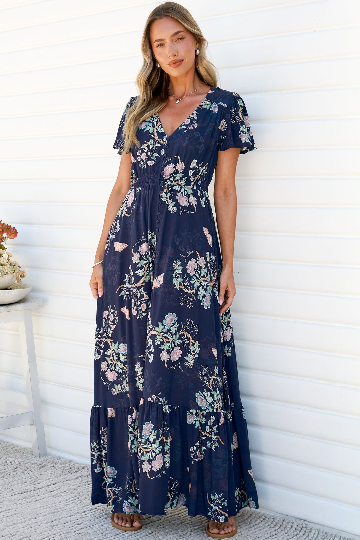 Kali Maxi Dress - Button-front Dress with Flutter Sleeves and Front Split in Colette Print