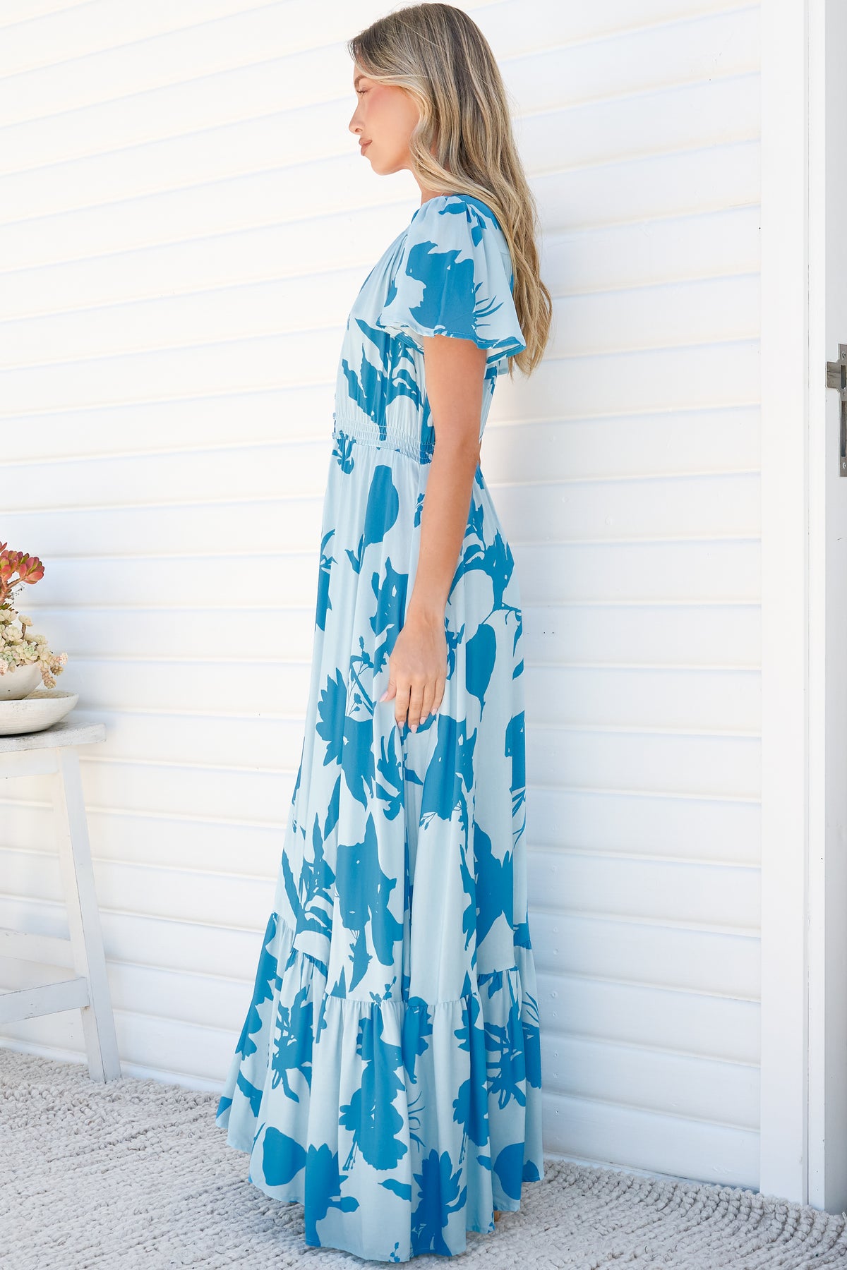Kali Maxi Dress - Button-front Dress with Flutter Sleeves and Front Split in Colter Print Blue