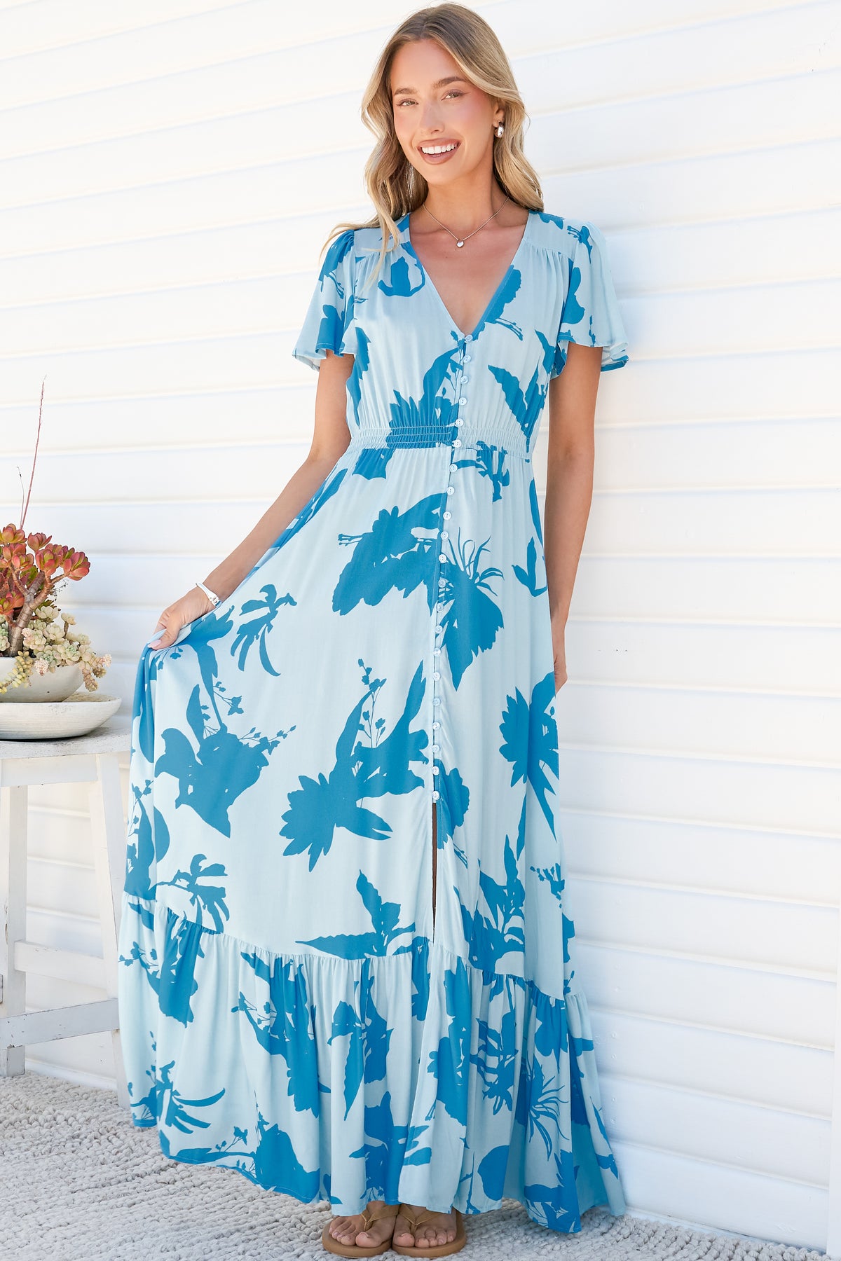 Kali Maxi Dress - Button-front Dress with Flutter Sleeves and Front Split in Colter Print Blue