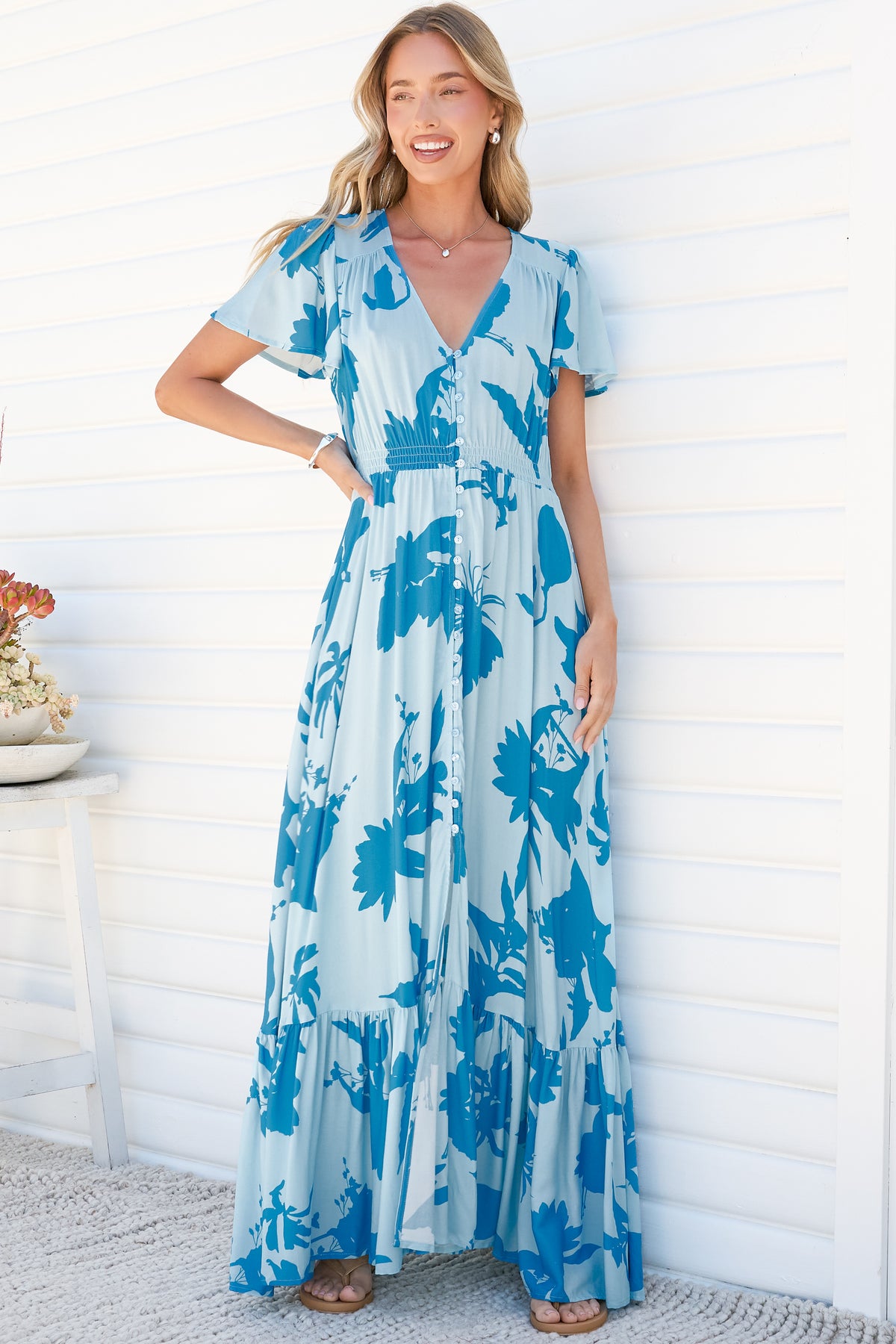 Kali Maxi Dress - Button-front Dress with Flutter Sleeves and Front Split in Colter Print Blue