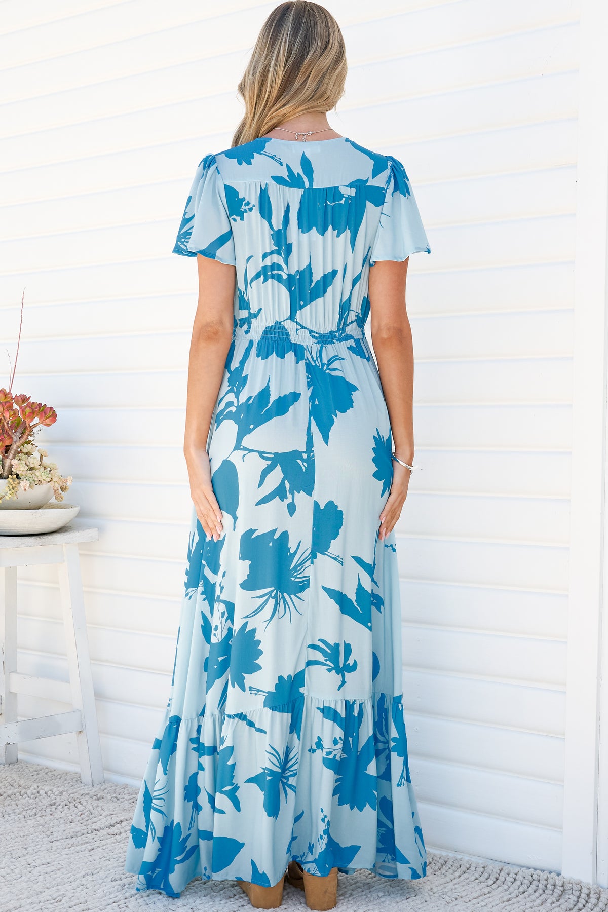 Kali Maxi Dress - Button-front Dress with Flutter Sleeves and Front Split in Colter Print Blue