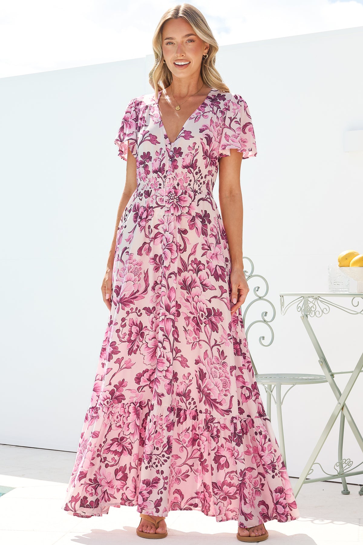 Kali Maxi Dress - Button-front Dress with Flutter Sleeves and Front Split in Quest Print Pink