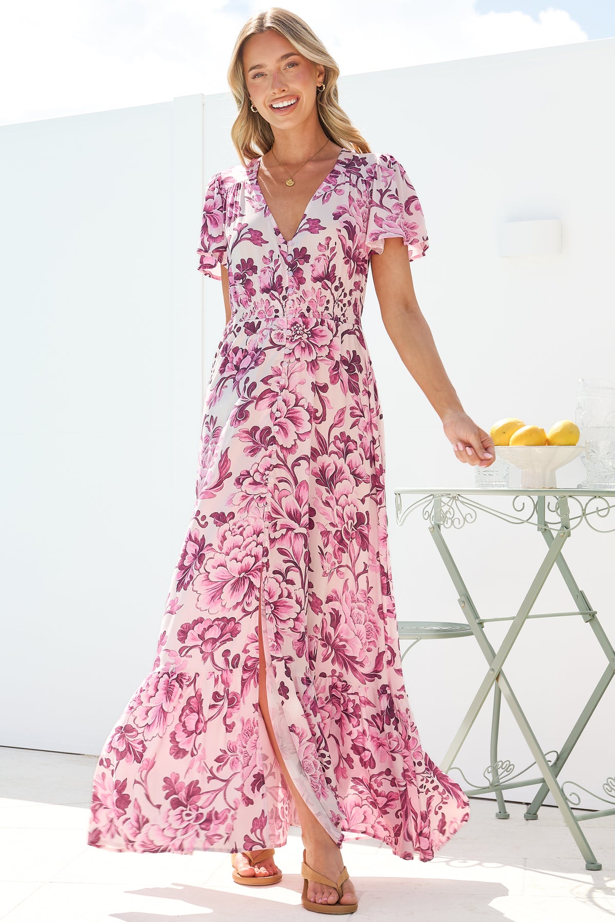 Kali Maxi Dress - Button-front Dress with Flutter Sleeves and Front Split in Quest Print Pink