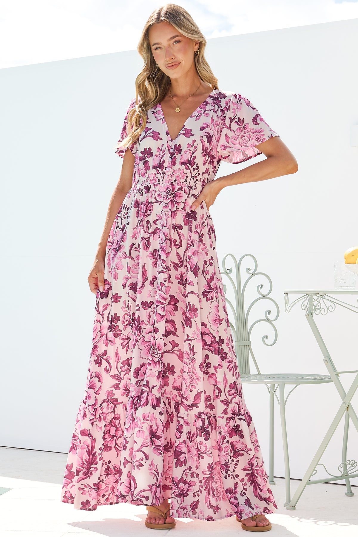 Kali Maxi Dress - Button-front Dress with Flutter Sleeves and Front Split in Quest Print Pink
