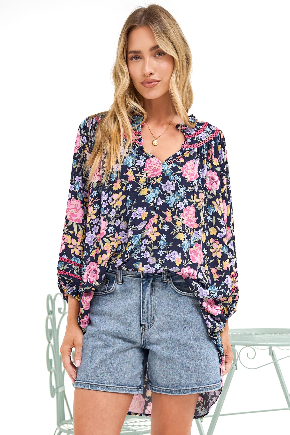 Kalina Blouse - V Neck High Low Top with Balloon Sleeves and Lace Detailing in Antonia Print Navy