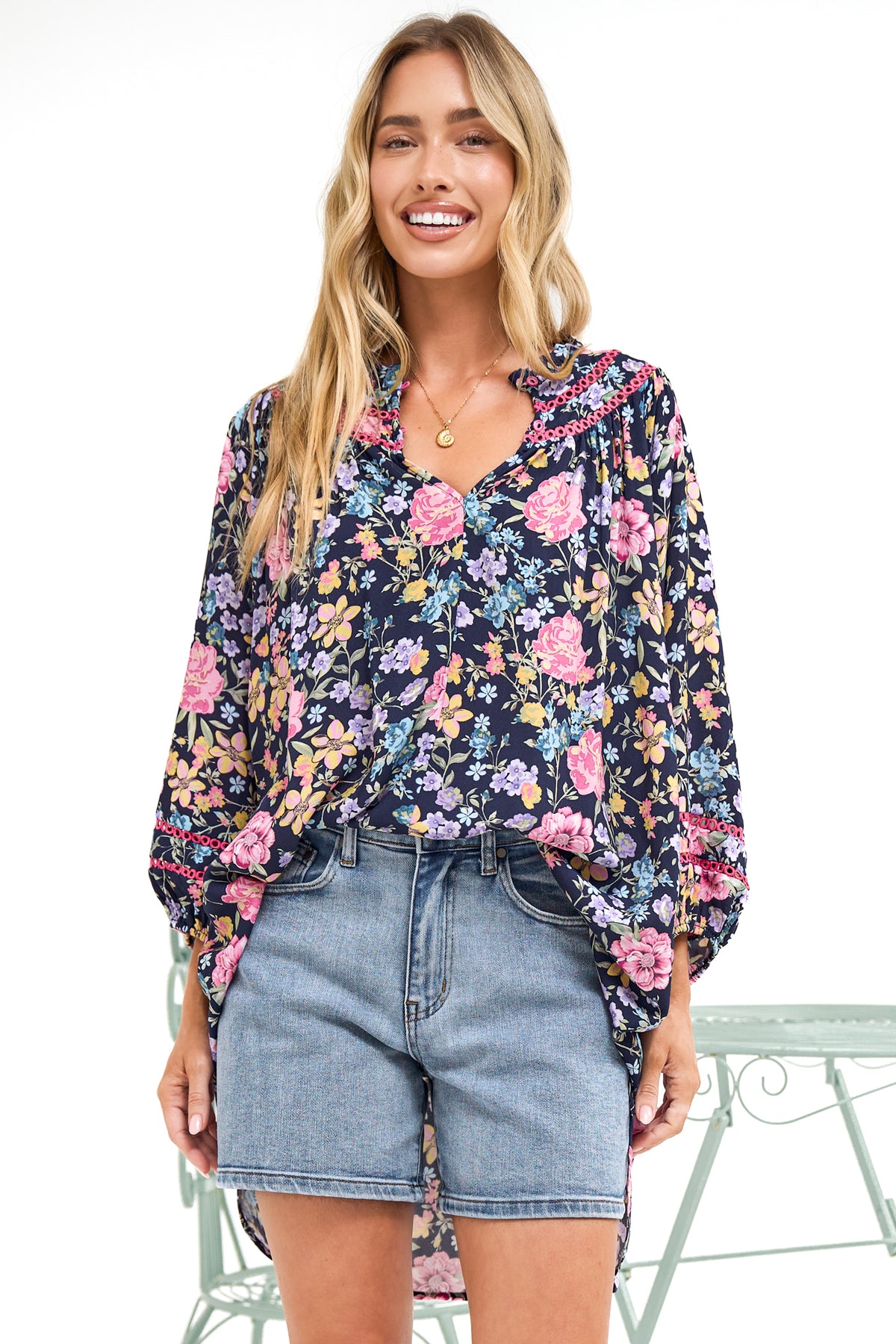 Kalina Blouse - V Neck High Low Top with Balloon Sleeves and Lace Detailing in Antonia Print Navy