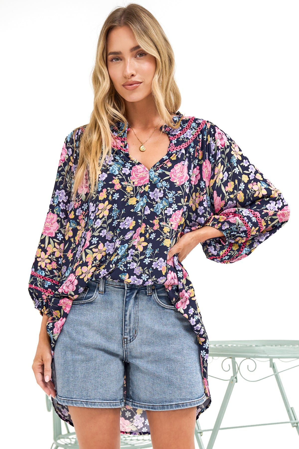 Kalina Blouse - V Neck High Low Top with Balloon Sleeves and Lace Detailing in Antonia Print Navy