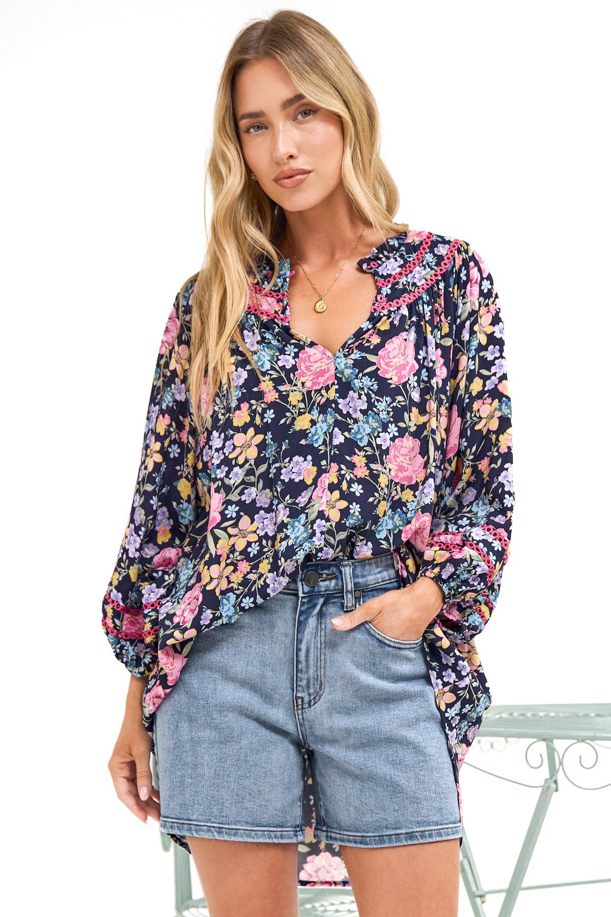 Kalina Blouse - V Neck High Low Top with Balloon Sleeves and Lace Detailing in Antonia Print Navy