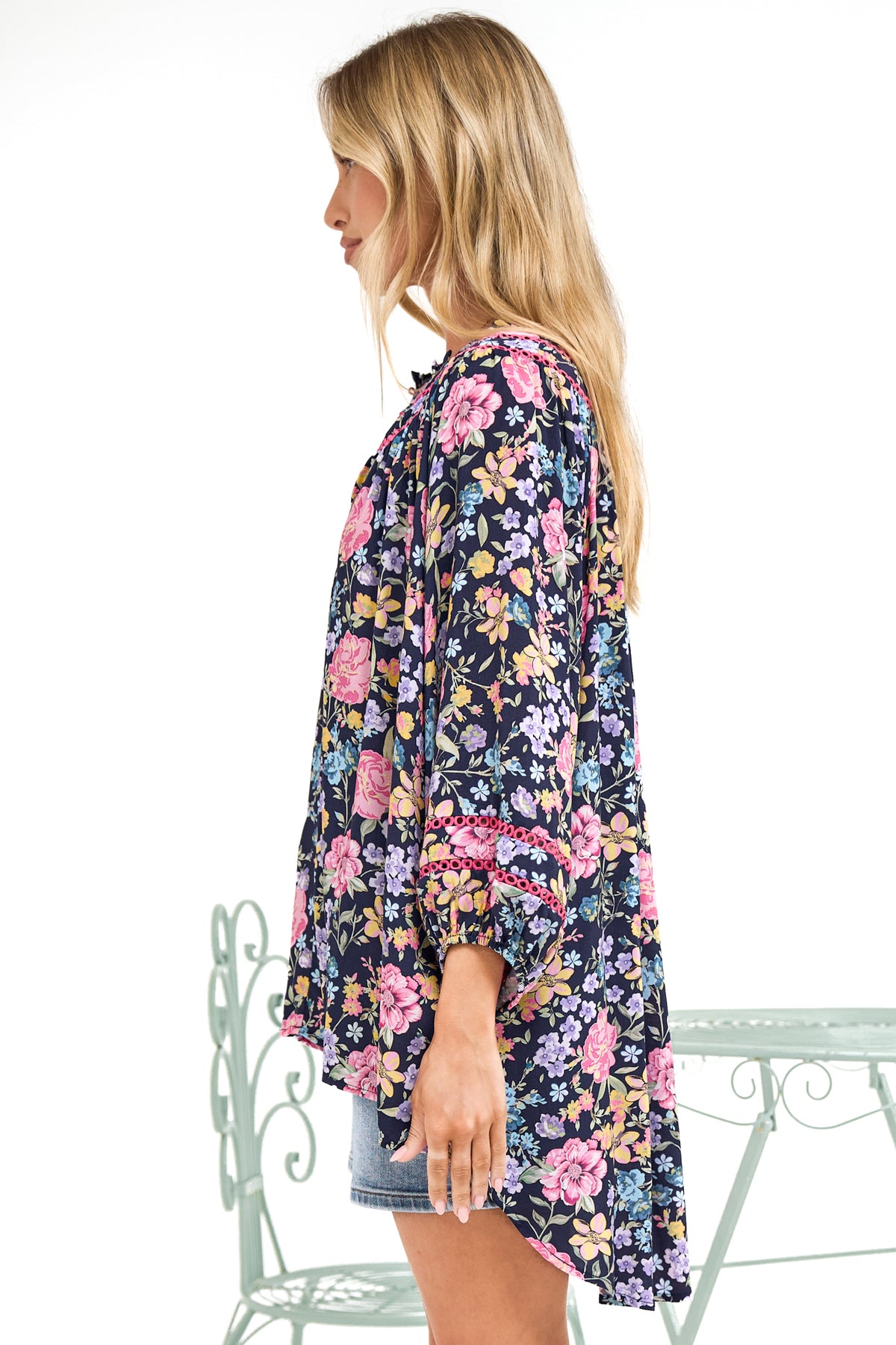 Kalina Blouse - V Neck High Low Top with Balloon Sleeves and Lace Detailing in Antonia Print Navy