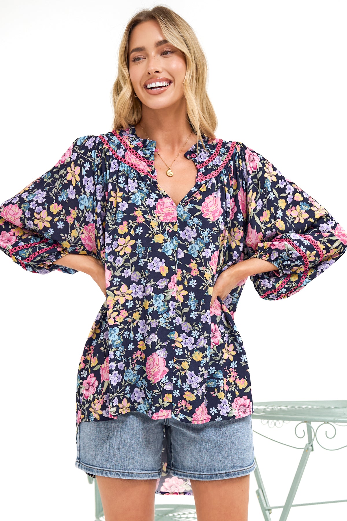 Kalina Blouse - V Neck High Low Top with Balloon Sleeves and Lace Detailing in Antonia Print Navy