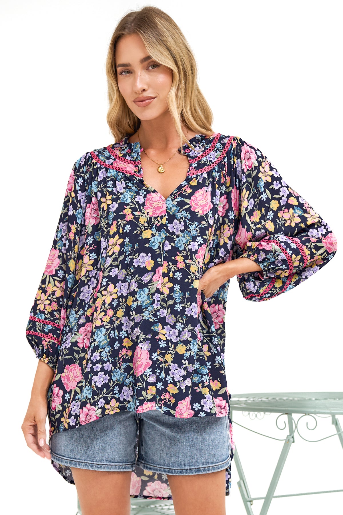 Kalina Blouse - V Neck High Low Top with Balloon Sleeves and Lace Detailing in Antonia Print Navy