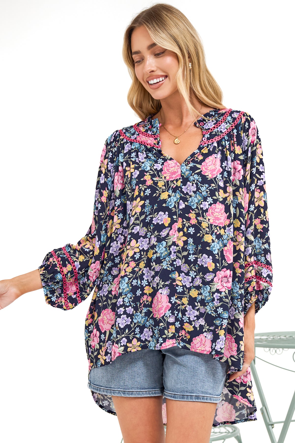 Kalina Blouse - V Neck High Low Top with Balloon Sleeves and Lace Detailing in Antonia Print Navy