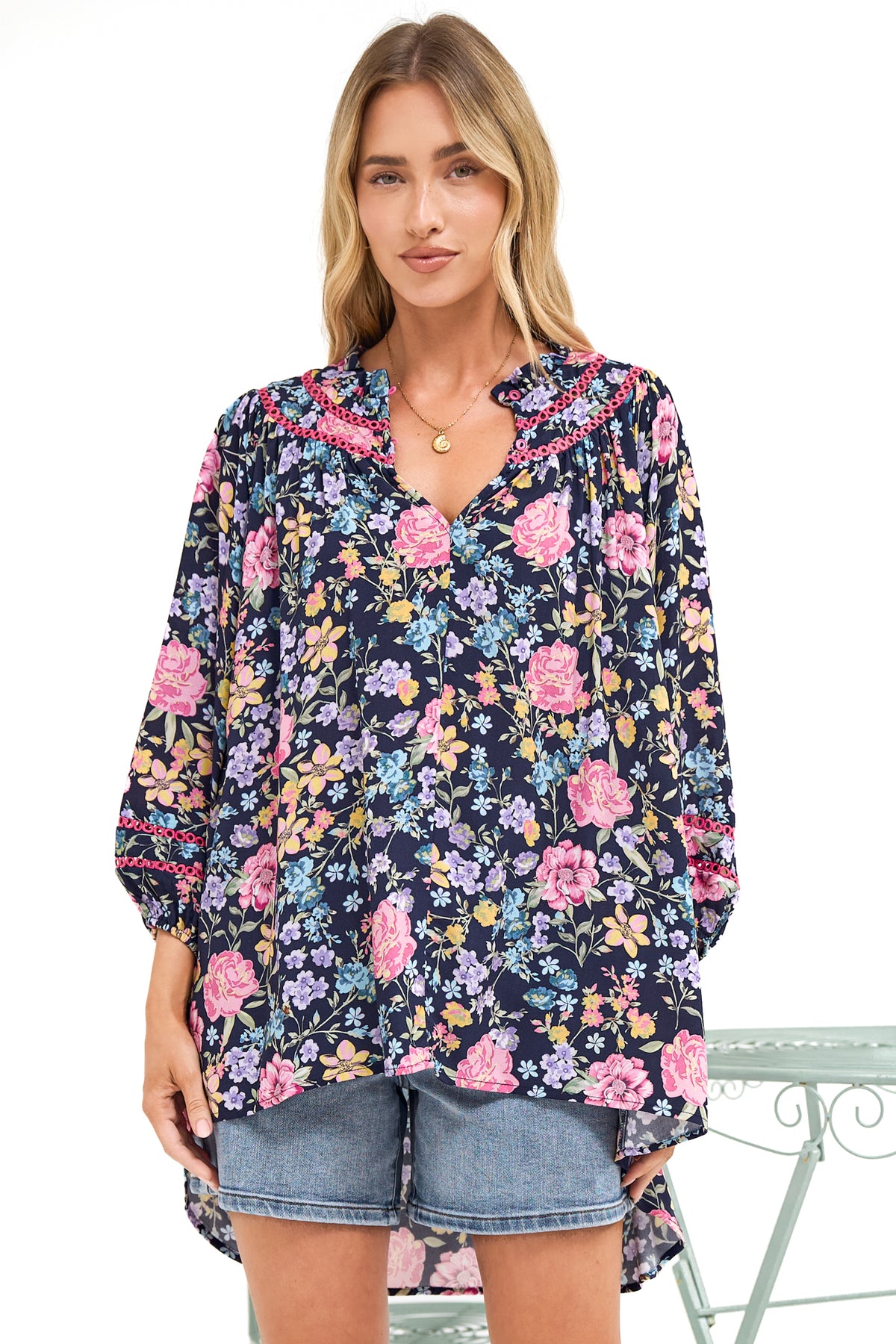 Kalina Blouse - V Neck High Low Top with Balloon Sleeves and Lace Detailing in Antonia Print Navy
