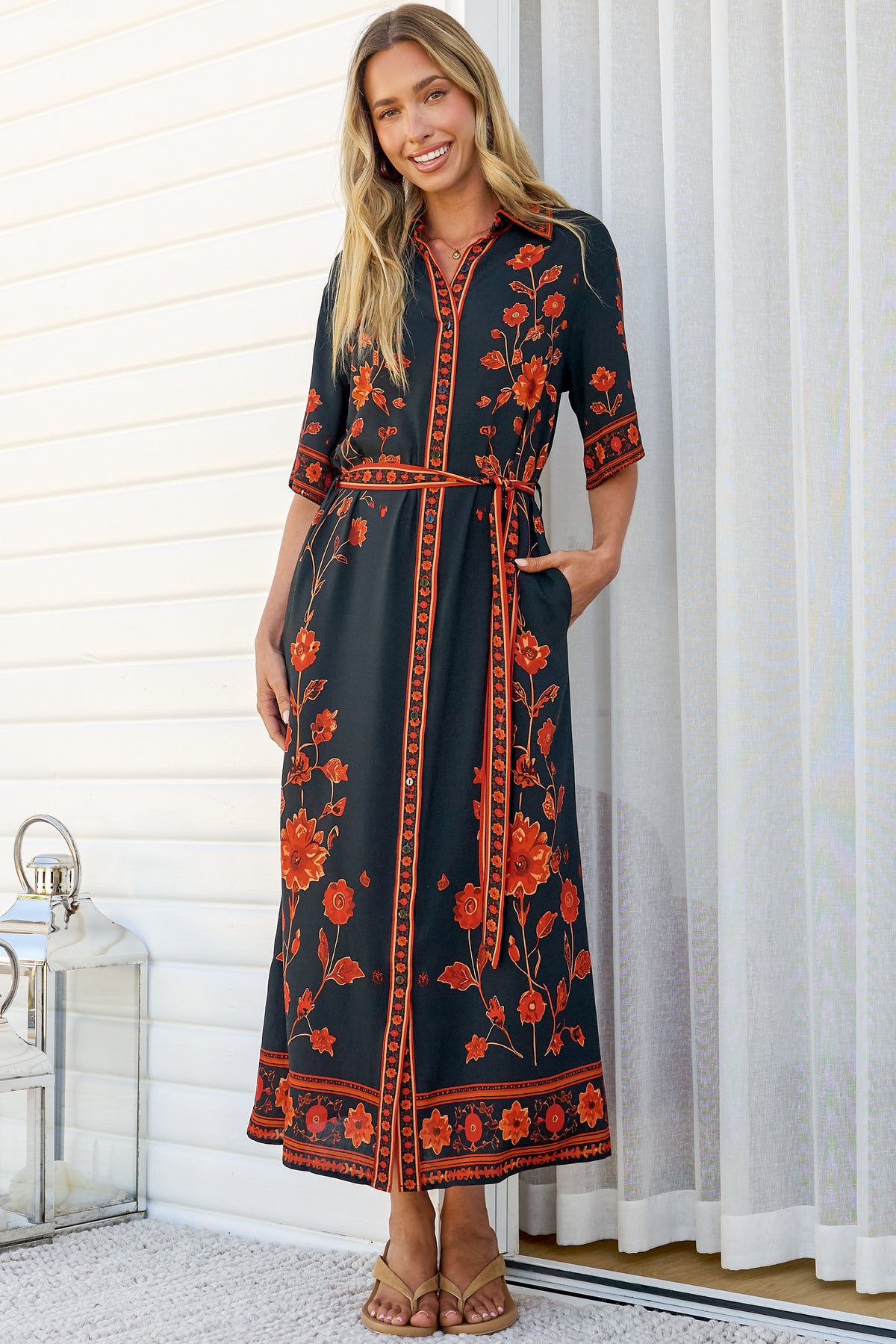 Kally Midi Dress - Collared Shirt Dress with Matching Waist Tie in Alexys Print