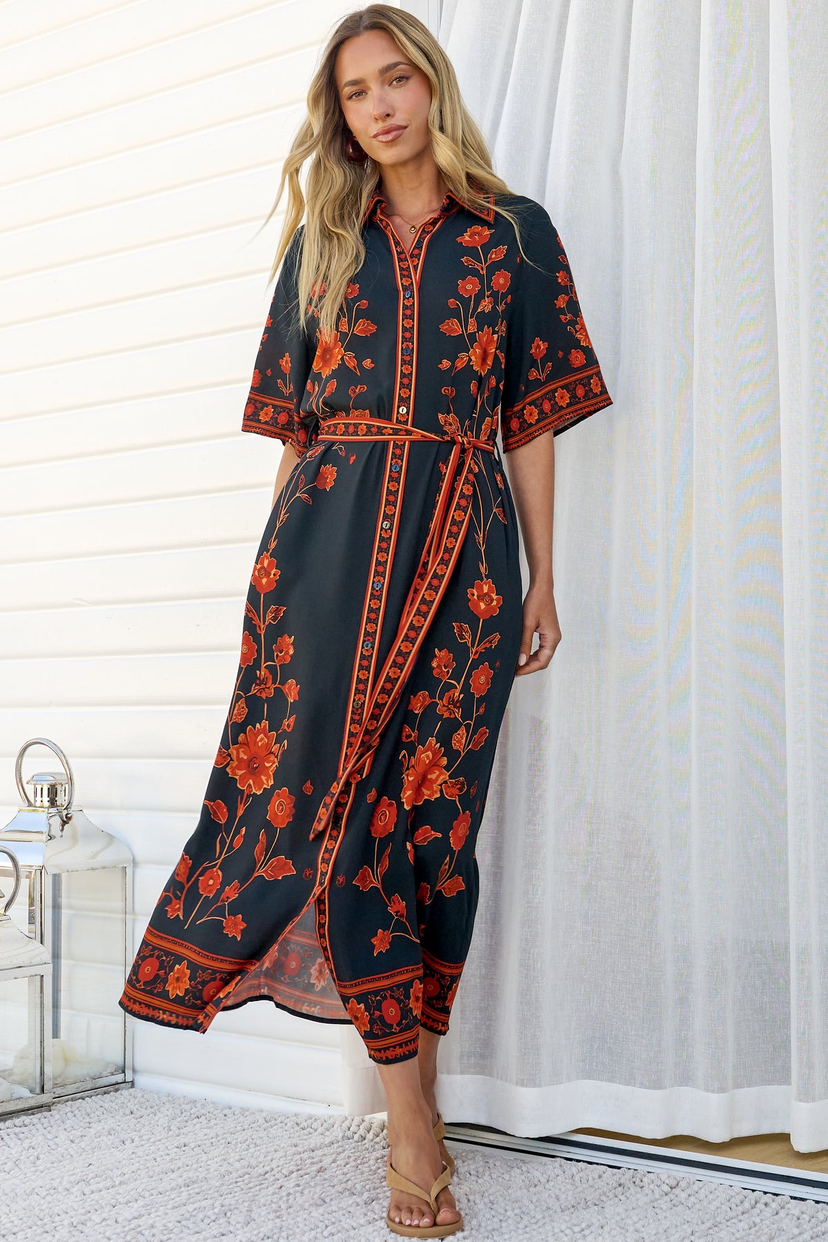 Kally Midi Dress - Collared Shirt Dress with Matching Waist Tie in Alexys Print