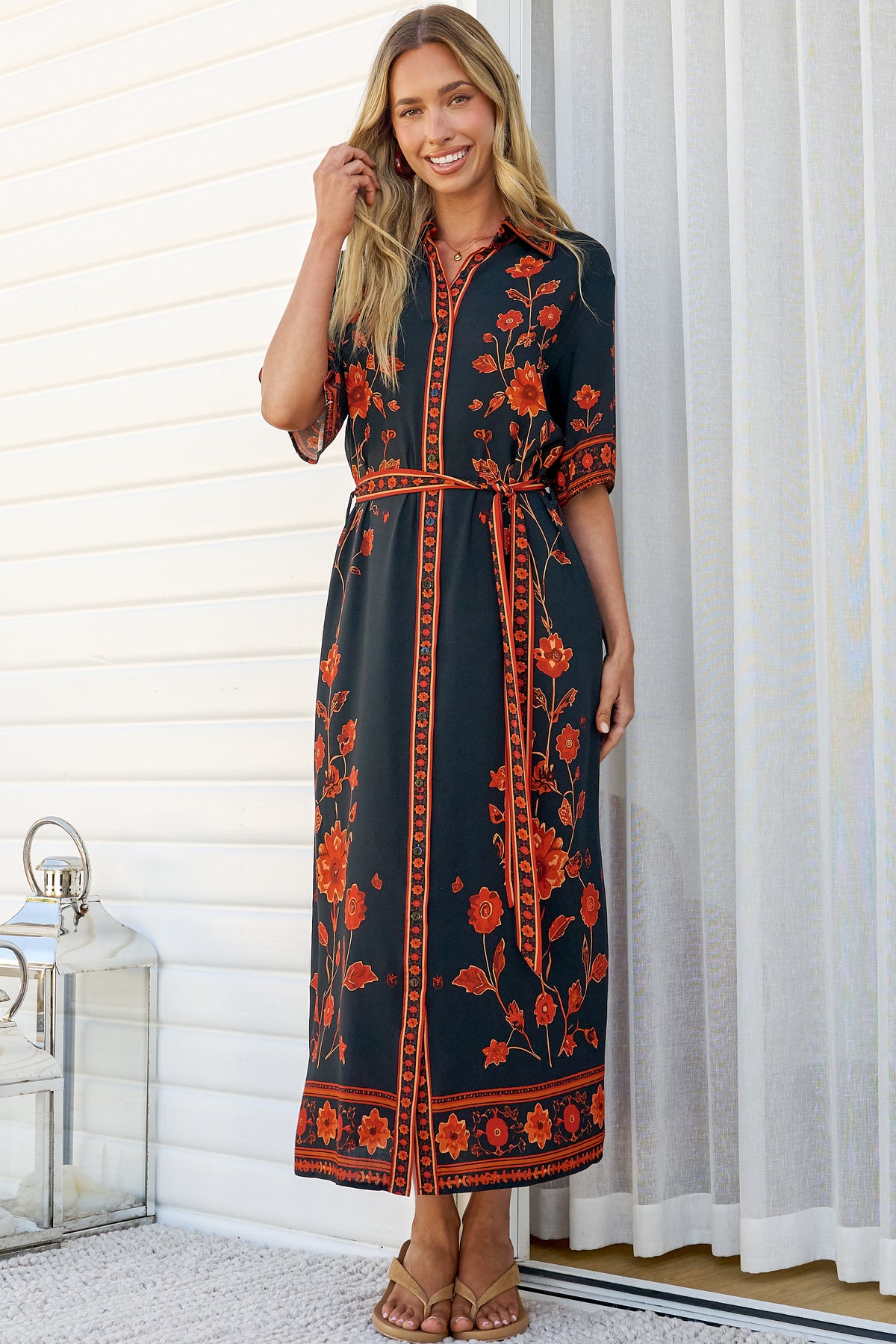 Kally Midi Dress - Collared Shirt Dress with Matching Waist Tie in Alexys Print
