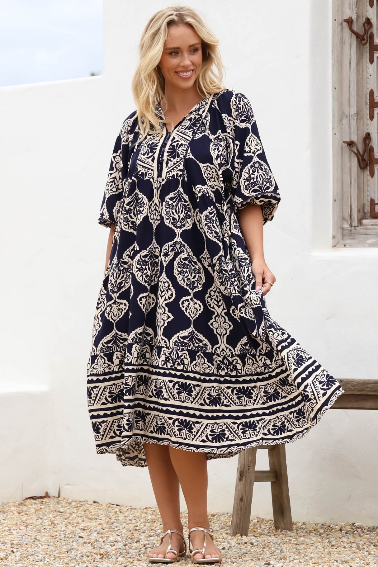 Kamali Midi Dress - Batwing Sleeve Smock Dress with Lace Detailing in Belle Print Navy