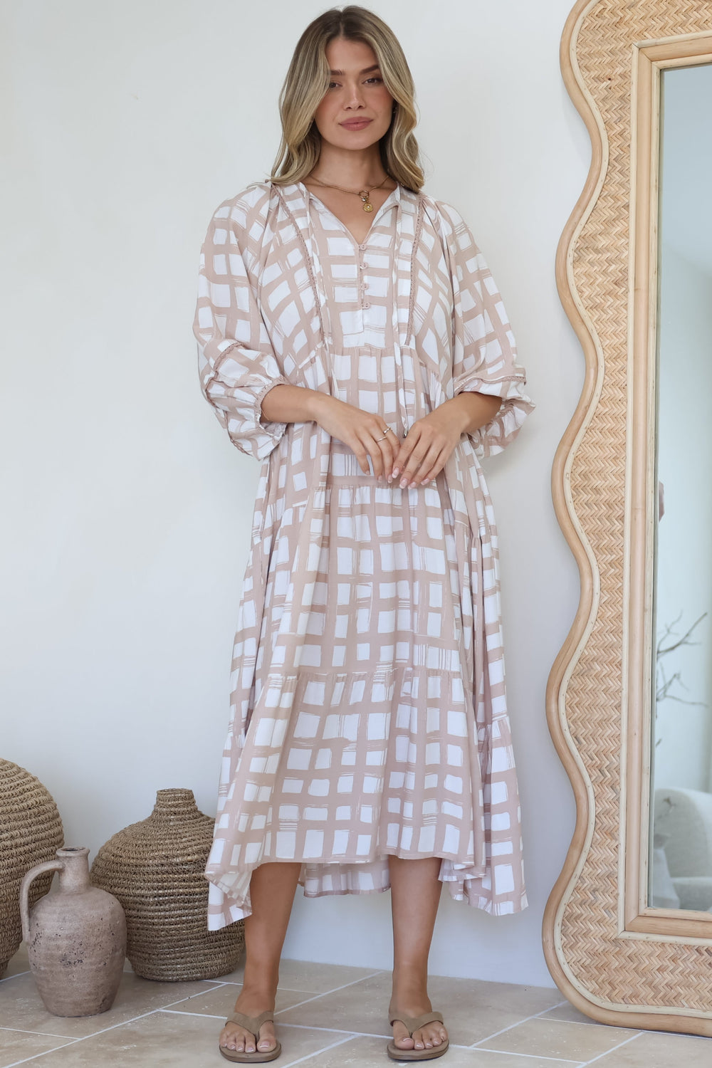Kamali Midi Dress - Batwing Sleeve Smock Dress with Lace Detailing in Beth Print Beige