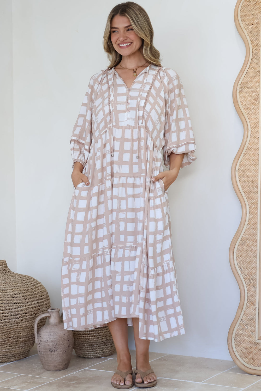 Kamali Midi Dress - Batwing Sleeve Smock Dress with Lace Detailing in Beth Print Beige