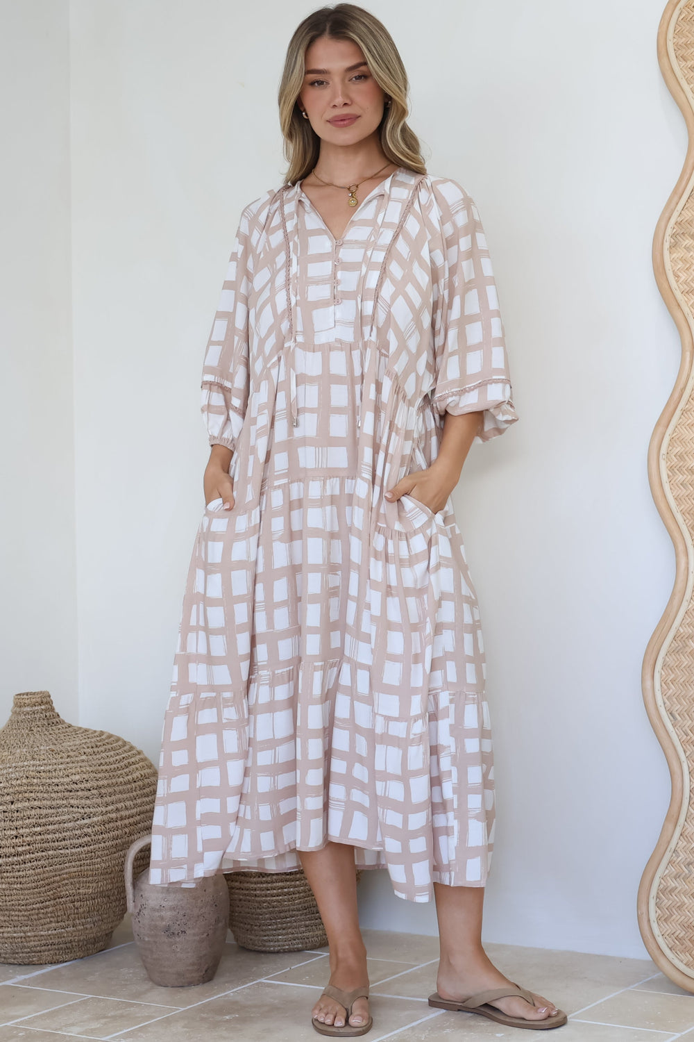 Kamali Midi Dress - Batwing Sleeve Smock Dress with Lace Detailing in Beth Print Beige