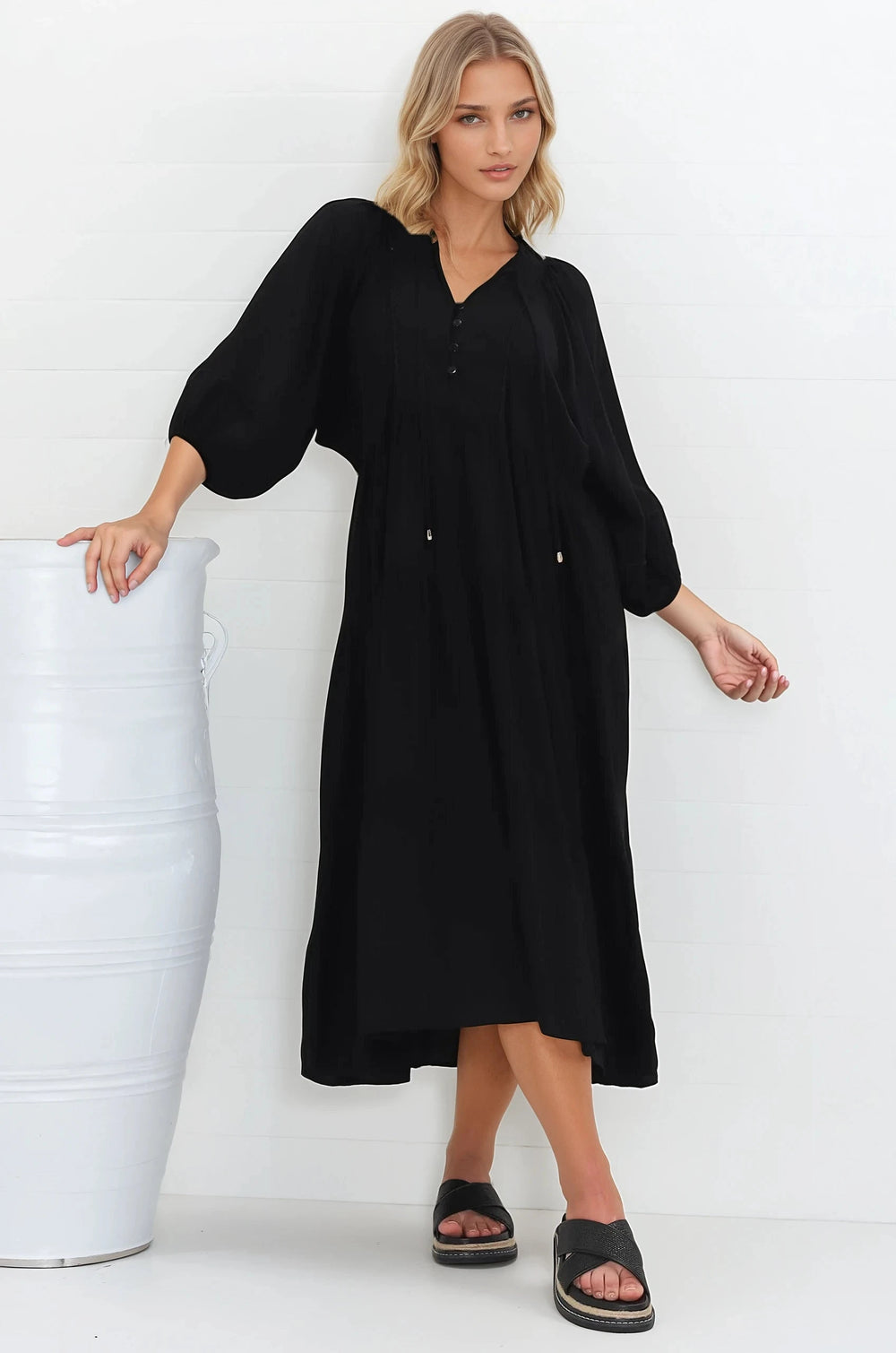 Kamali Midi Dress - Batwing Sleeve Smock Dress with Lace Detailing in Black