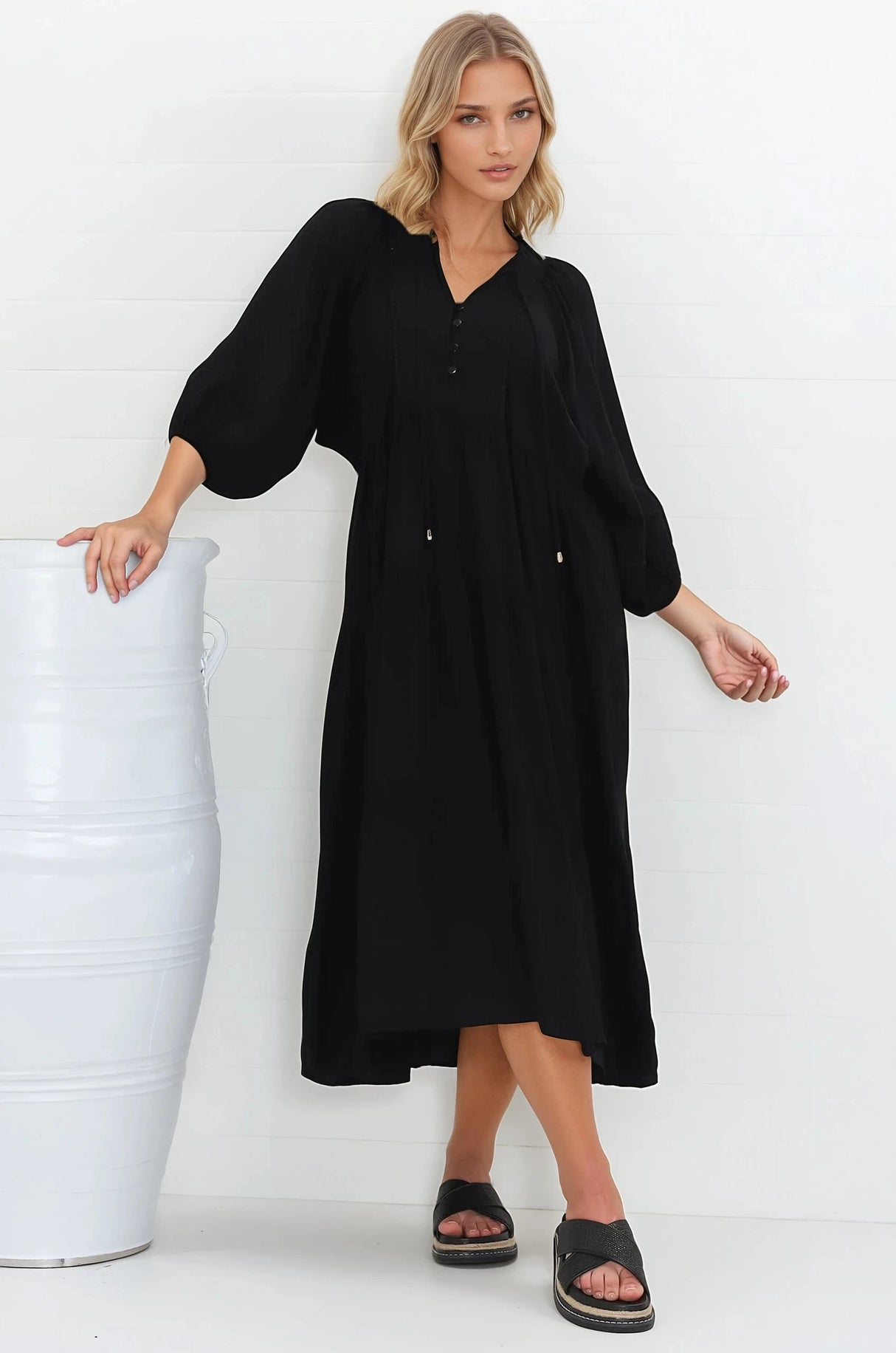 Kamali Midi Dress - Batwing Sleeve Smock Dress with Lace Detailing in Black