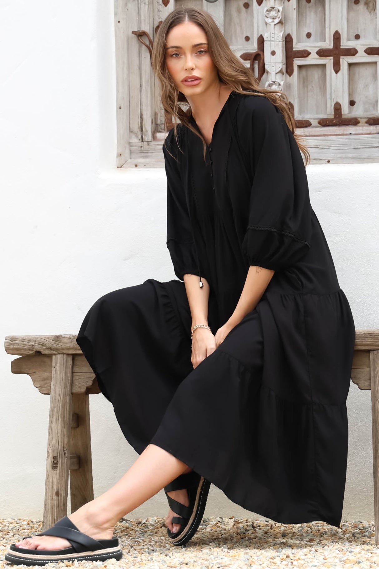 Kamali Midi Dress - Batwing Sleeve Smock Dress with Lace Detailing in Black