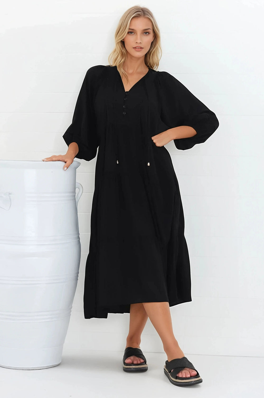 Kamali Midi Dress - Batwing Sleeve Smock Dress with Lace Detailing in Black