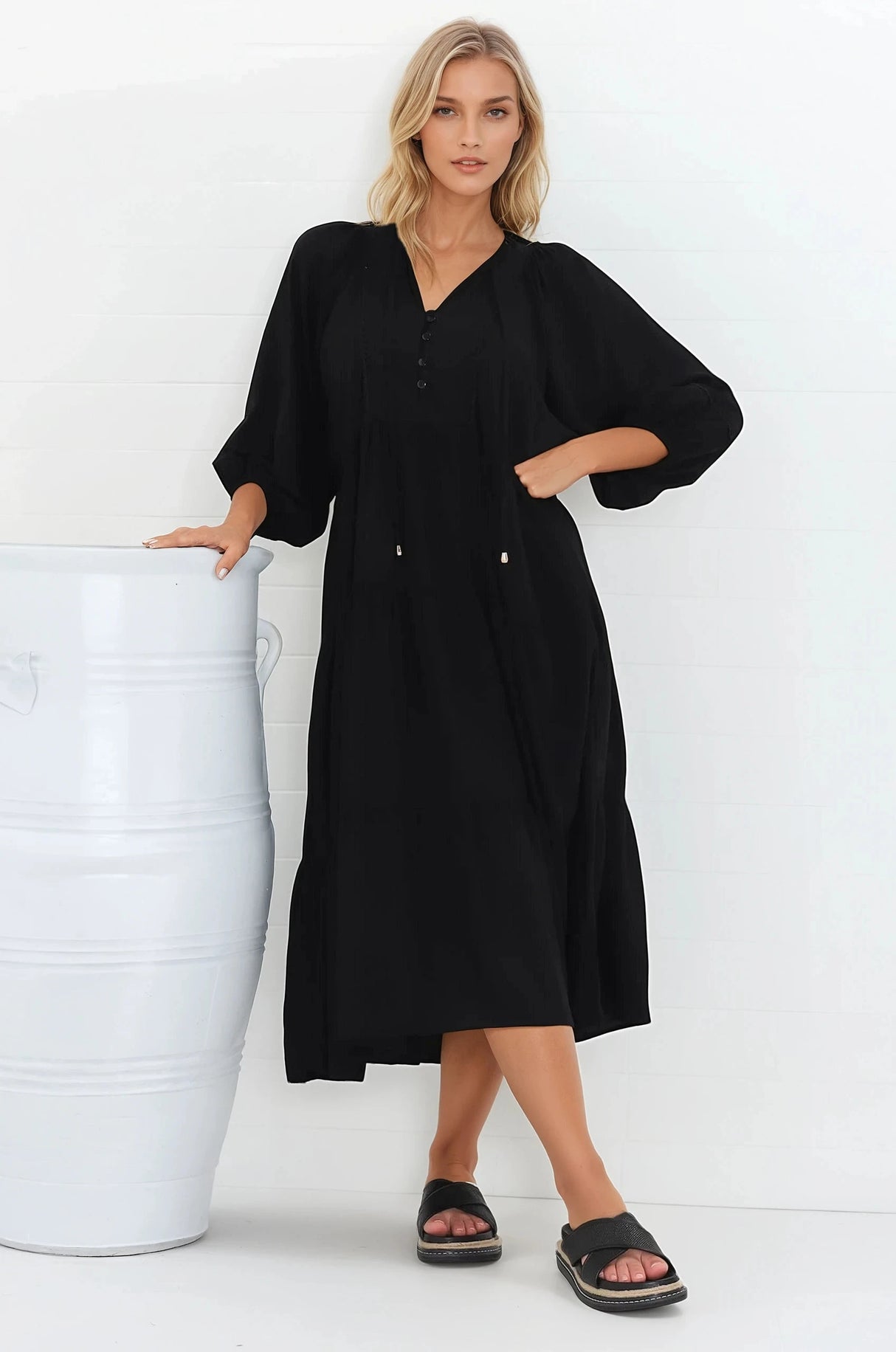 Kamali Midi Dress - Batwing Sleeve Smock Dress with Lace Detailing in Black