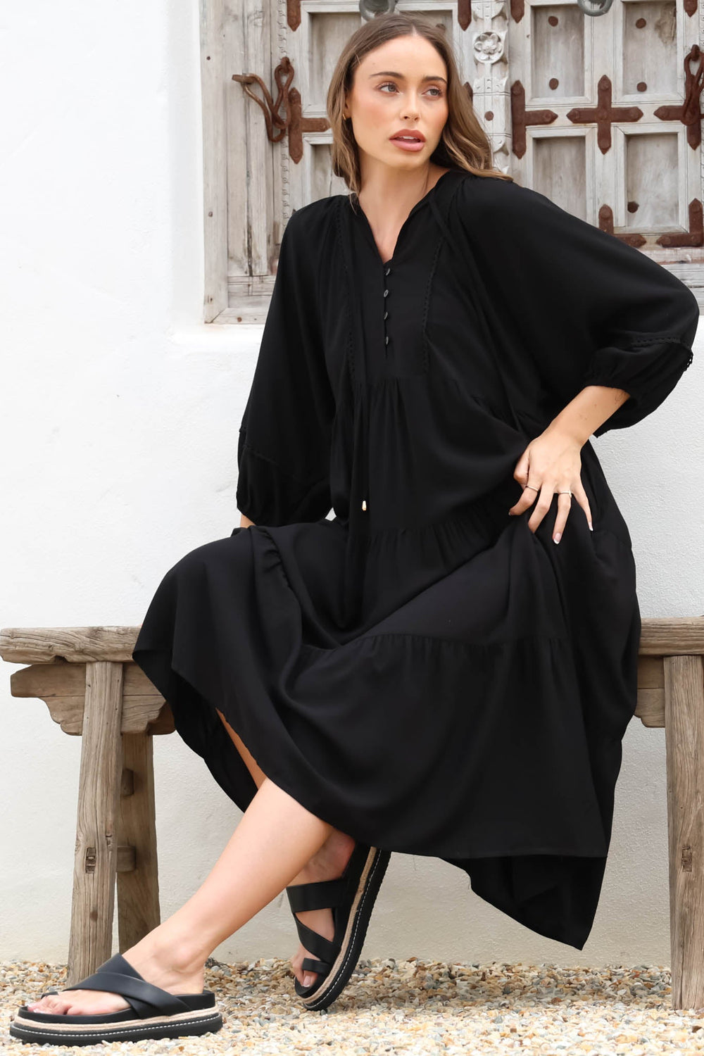 Kamali Midi Dress - Batwing Sleeve Smock Dress with Lace Detailing in Black