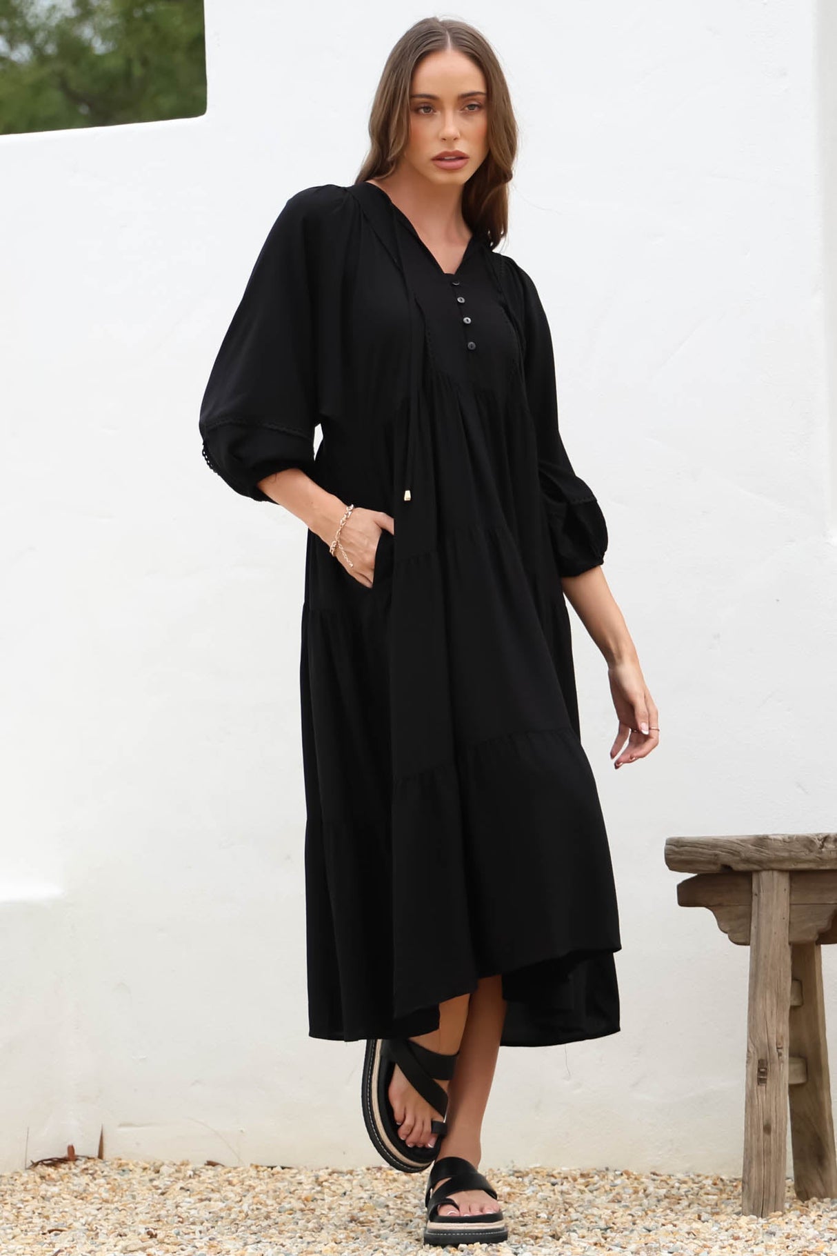Kamali Midi Dress - Batwing Sleeve Smock Dress with Lace Detailing in Black