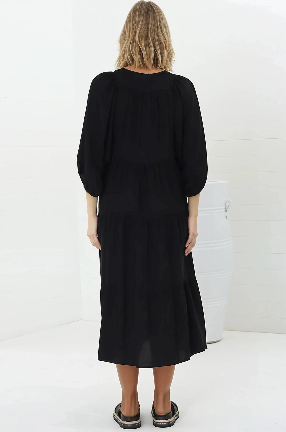 Kamali Midi Dress - Batwing Sleeve Smock Dress with Lace Detailing in Black