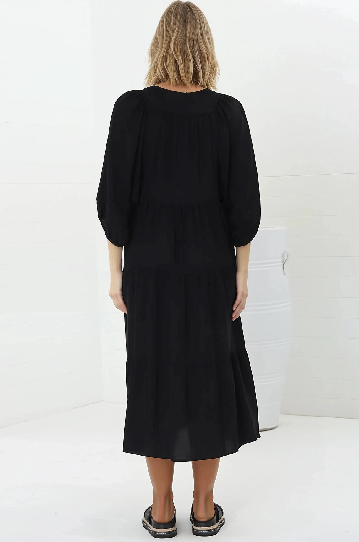 Kamali Midi Dress - Batwing Sleeve Smock Dress with Lace Detailing in Black