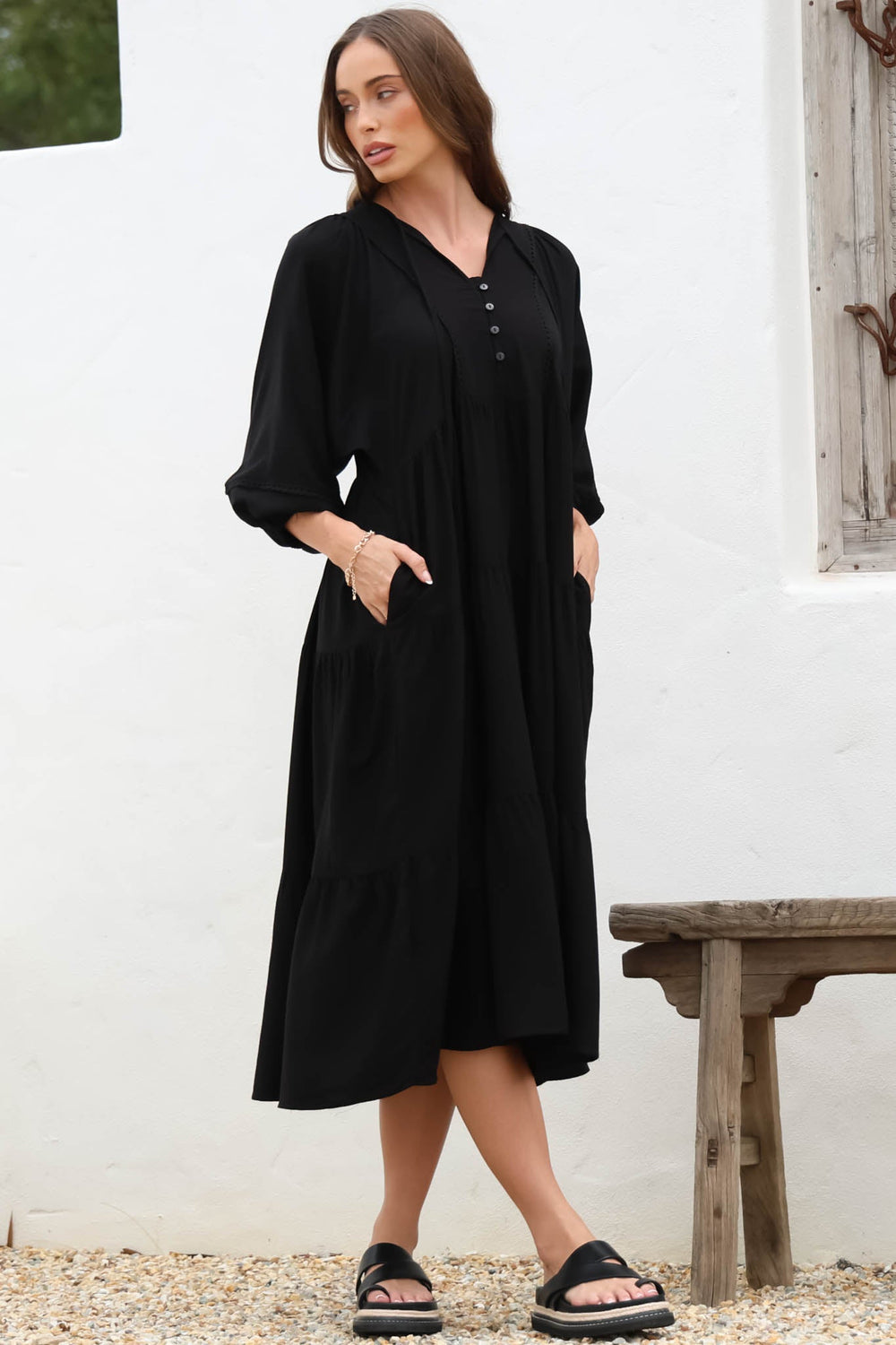 Kamali Midi Dress - Batwing Sleeve Smock Dress with Lace Detailing in Black