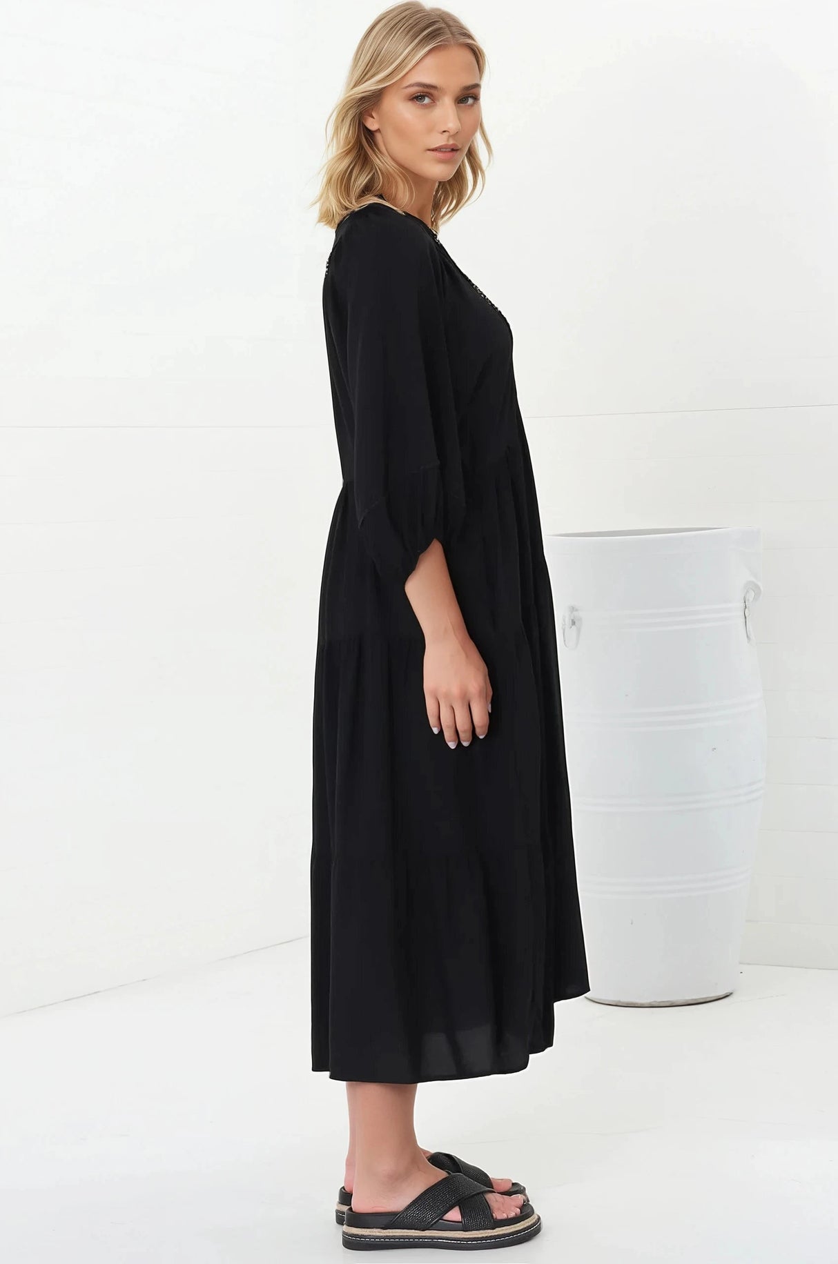 Kamali Midi Dress - Batwing Sleeve Smock Dress with Lace Detailing in Black