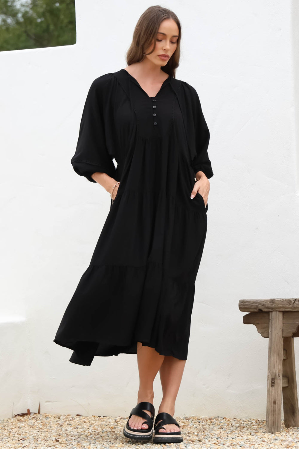 Kamali Midi Dress - Batwing Sleeve Smock Dress with Lace Detailing in Black
