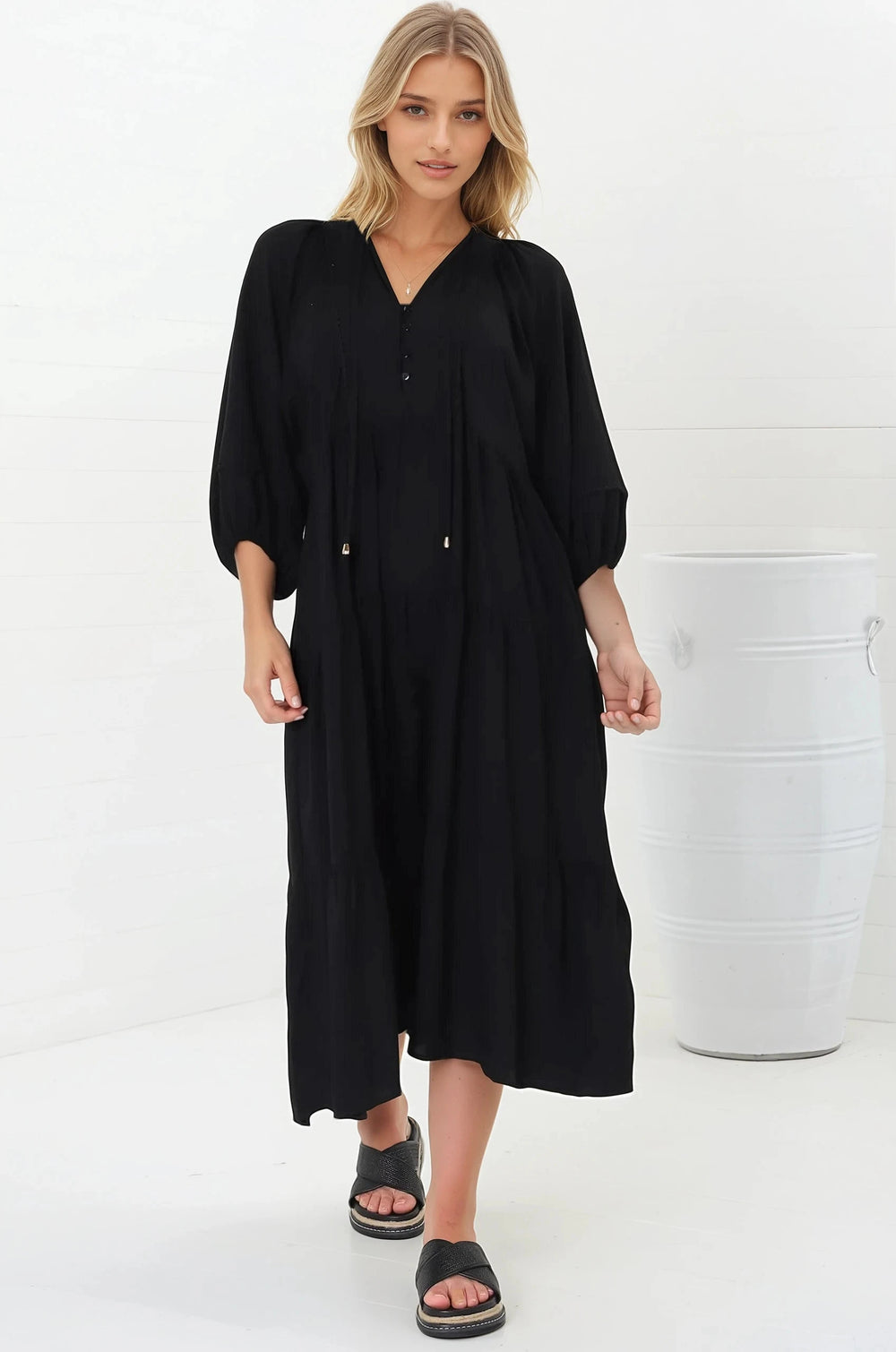 Kamali Midi Dress - Batwing Sleeve Smock Dress with Lace Detailing in Black