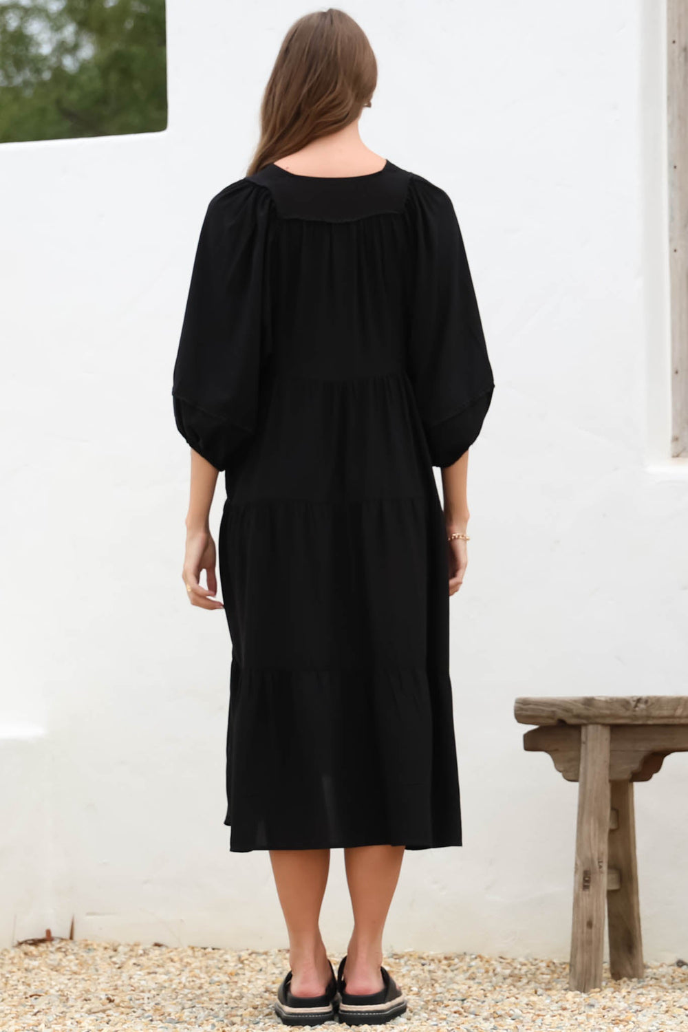 Kamali Midi Dress - Batwing Sleeve Smock Dress with Lace Detailing in Black