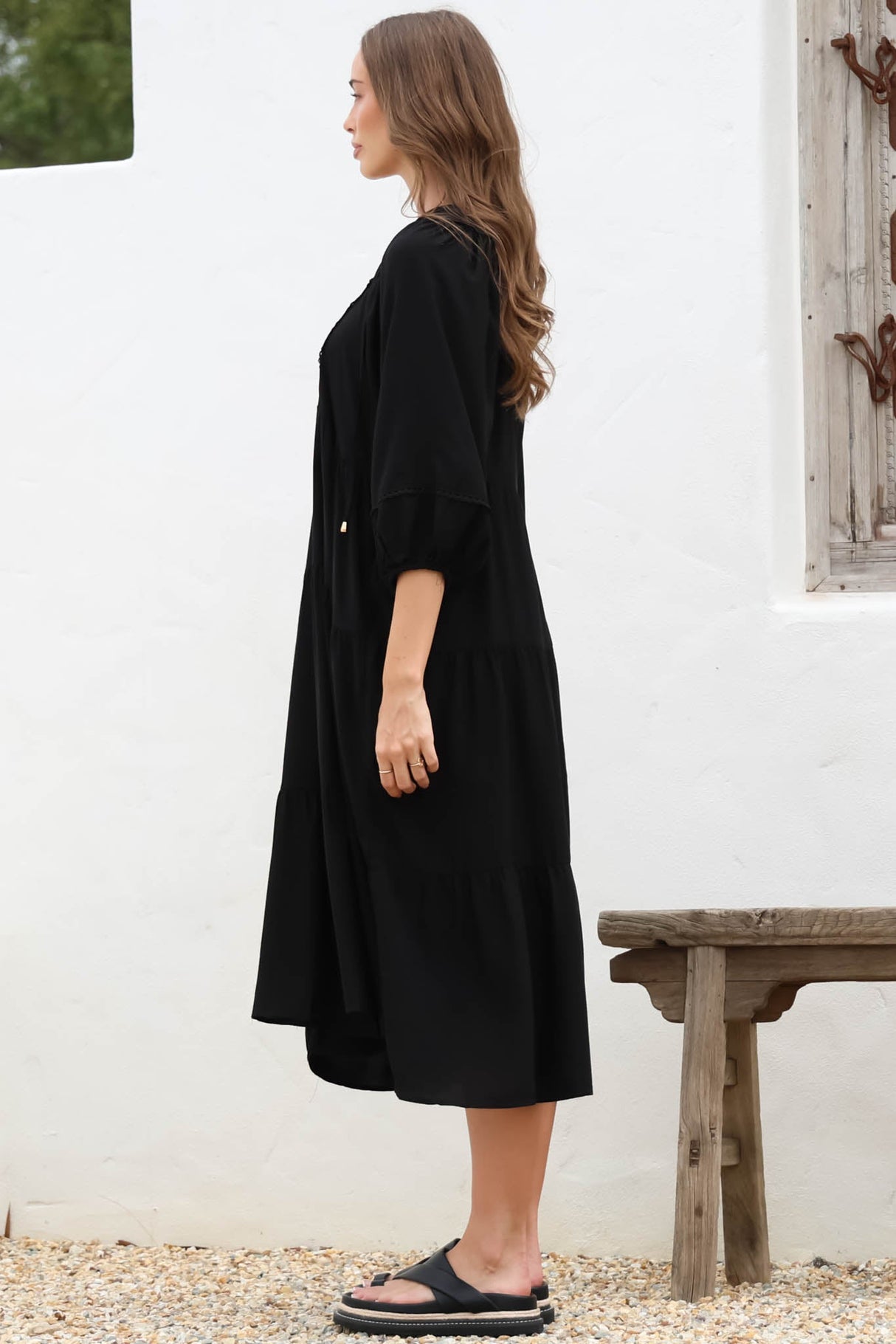 Kamali Midi Dress - Batwing Sleeve Smock Dress with Lace Detailing in Black