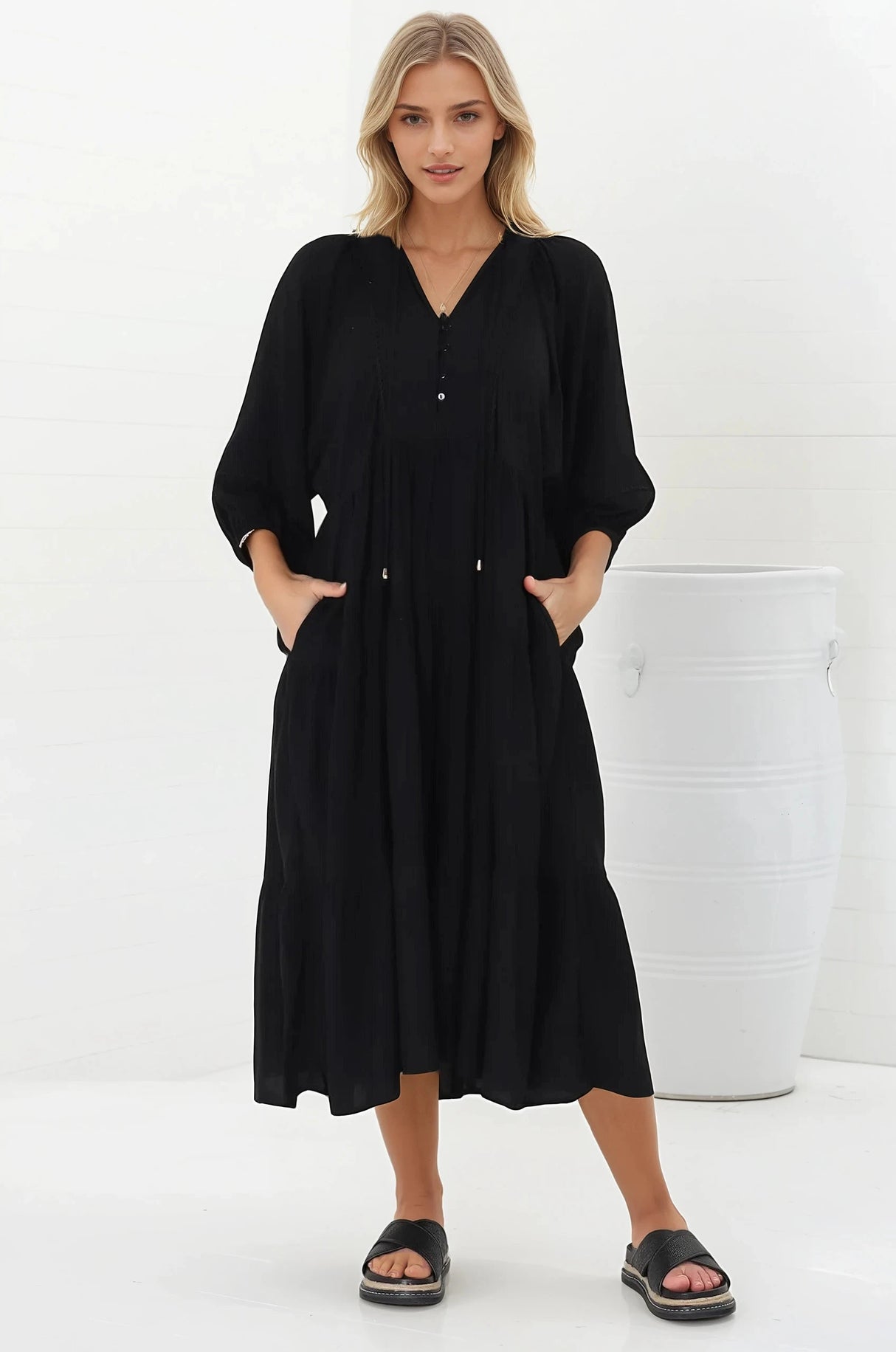 Kamali Midi Dress - Batwing Sleeve Smock Dress with Lace Detailing in Black