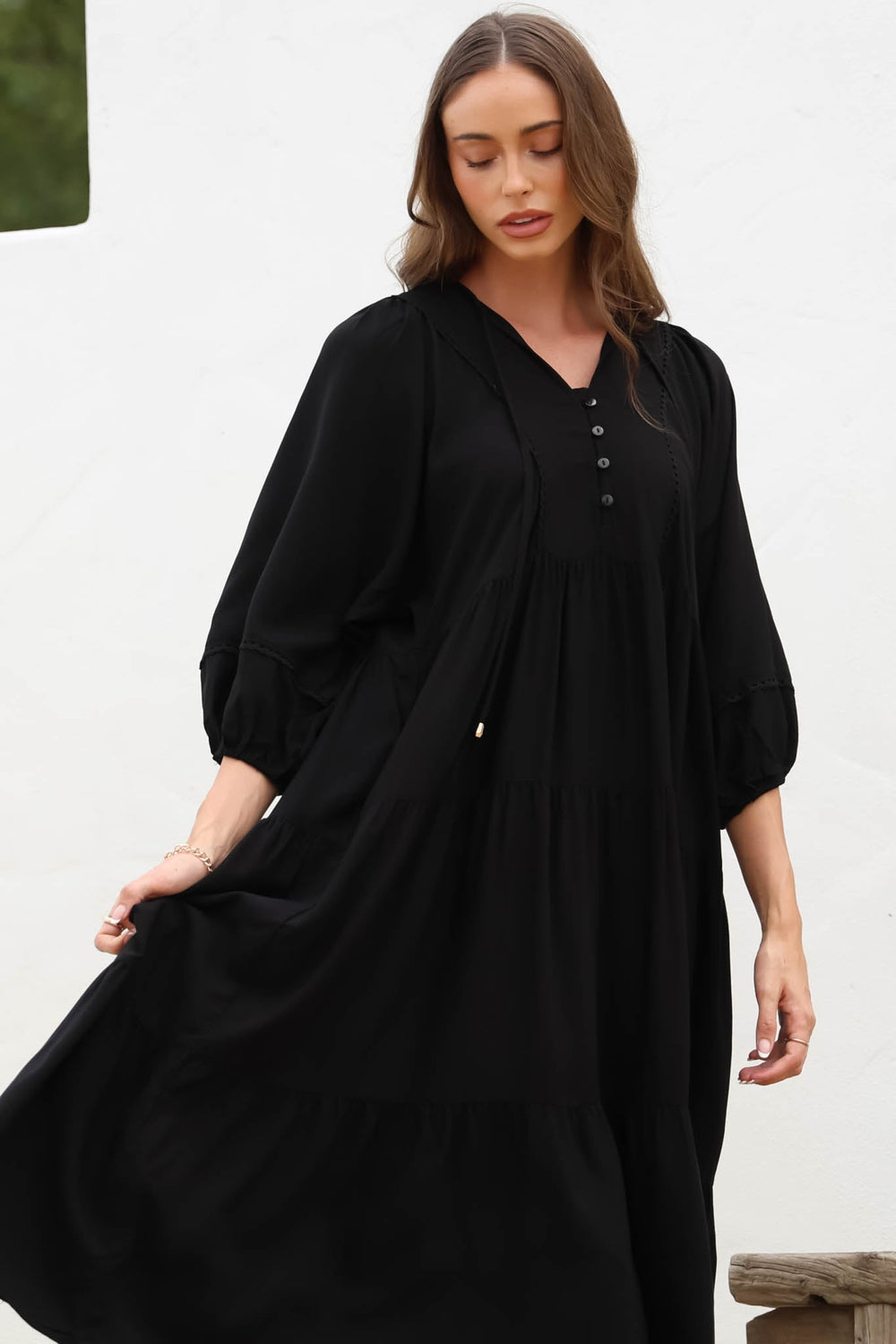 Kamali Midi Dress - Batwing Sleeve Smock Dress with Lace Detailing in Black