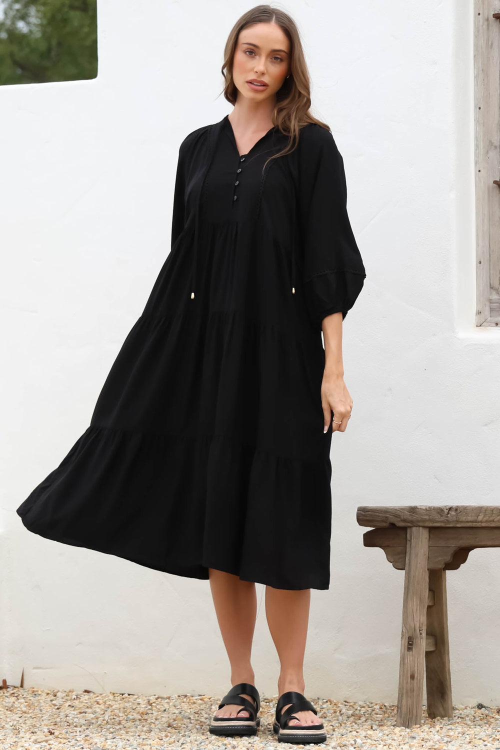 Kamali Midi Dress - Batwing Sleeve Smock Dress with Lace Detailing in Black