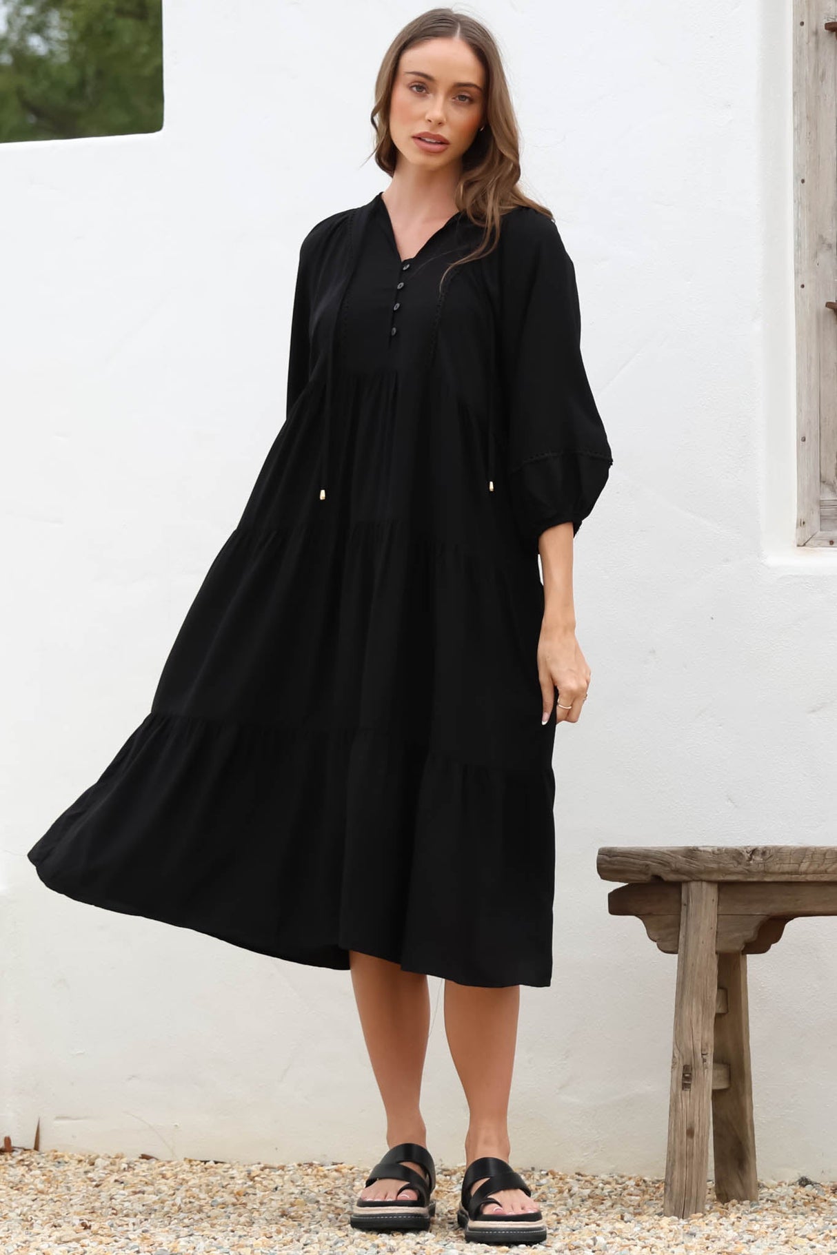 Kamali Midi Dress - Batwing Sleeve Smock Dress with Lace Detailing in Black