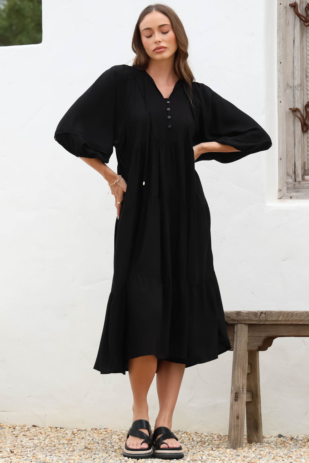 Kamali Midi Dress - Batwing Sleeve Smock Dress with Lace Detailing in Black