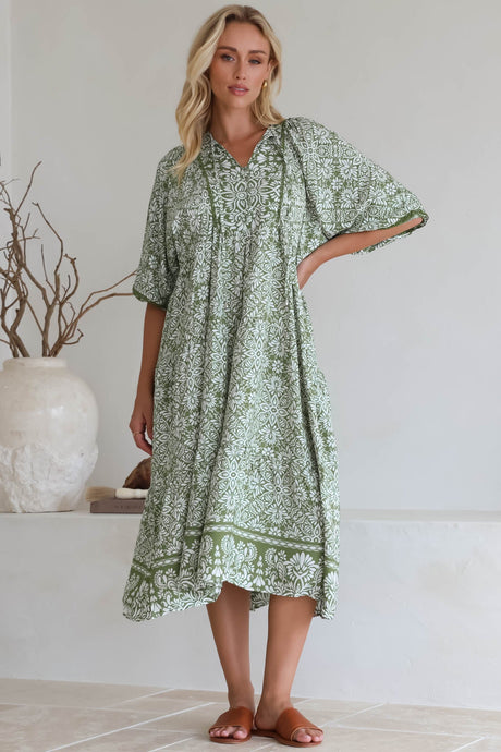 Kamali Midi Dress - Batwing Sleeve Smock Dress with Lace Detailing in Harley Print Green