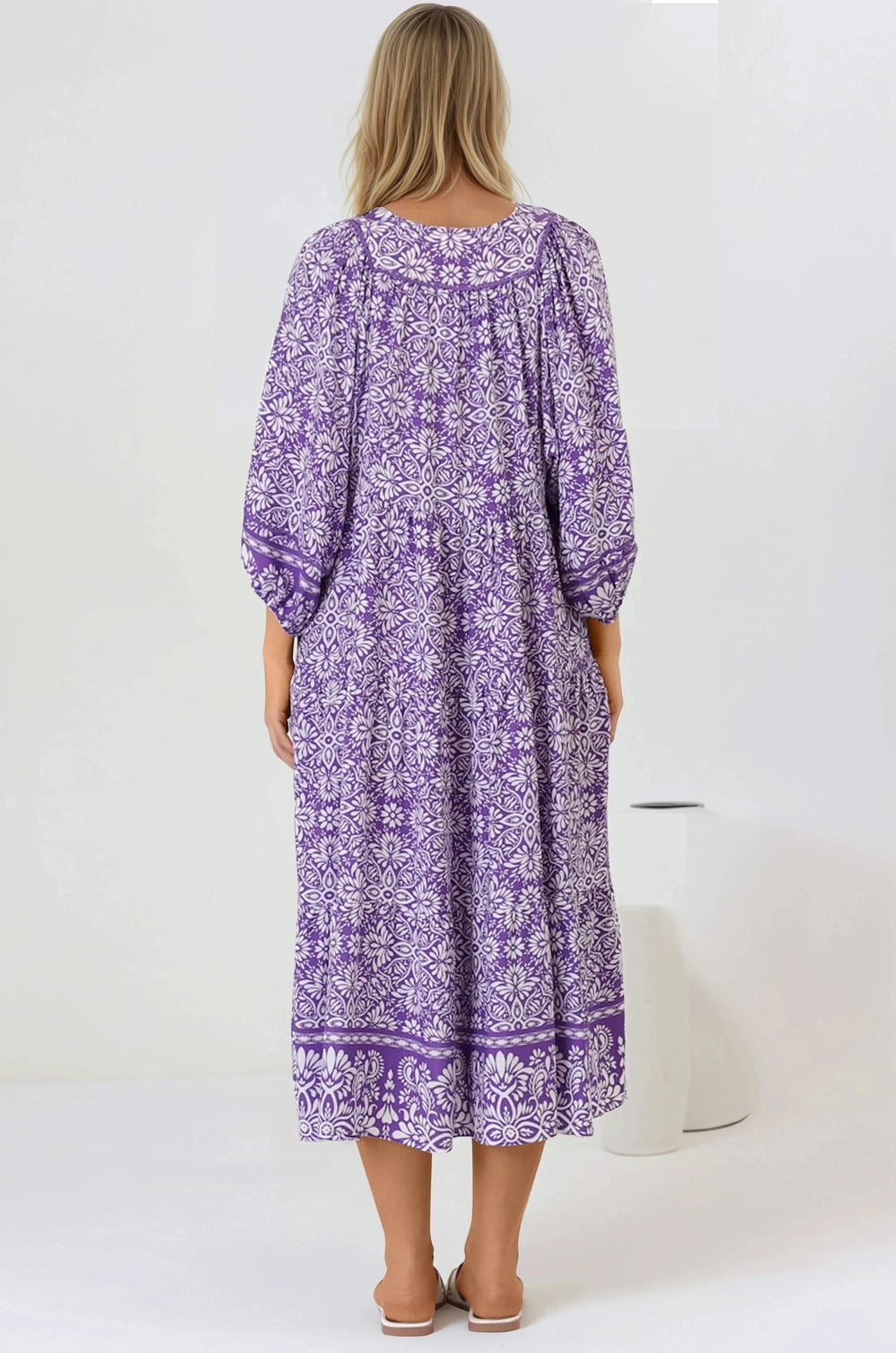 Kamali Midi Dress - Batwing Sleeve Smock Dress with Lace Detailing in Harley Print Purple