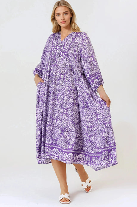 Kamali Midi Dress - Batwing Sleeve Smock Dress with Lace Detailing in Harley Print Purple