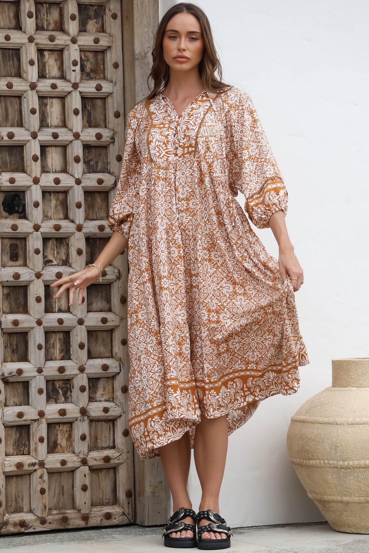 Kamali Midi Dress - Batwing Sleeve Smock Dress with Lace Detailing in Harley Print Rust