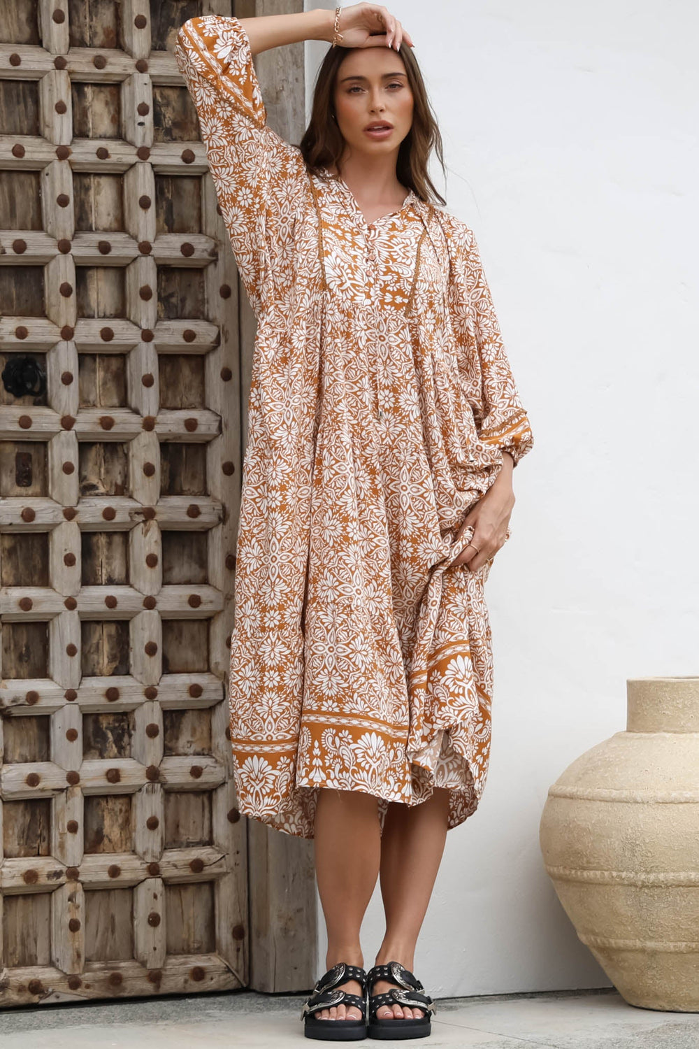 Kamali Midi Dress - Batwing Sleeve Smock Dress with Lace Detailing in Harley Print Rust